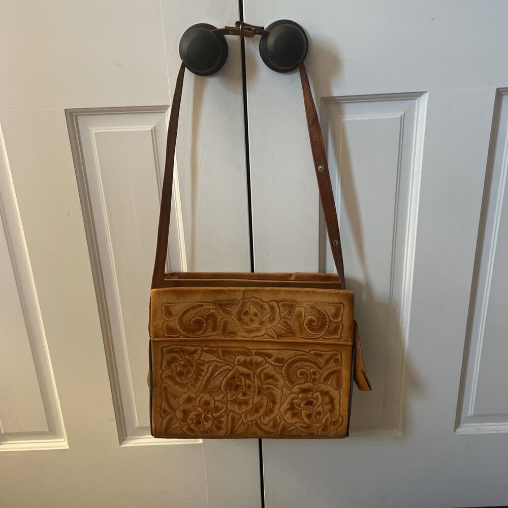 VTG Mexican Hand-Tooled Leather Purse Western Boho Rose Embossed Crossbody
